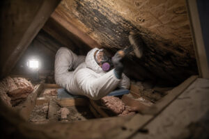 technician removing mold from attic roof sheathing using brush during remediation process