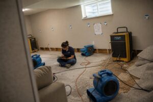 dehumidifiers and air movers running in basement during water damage drying process in South Jordan Utah