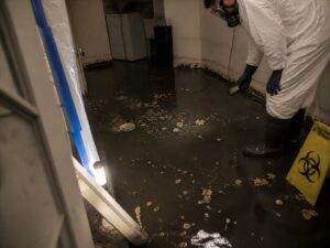 dark contaminated sewage water covering basement floor during black water damage inspection