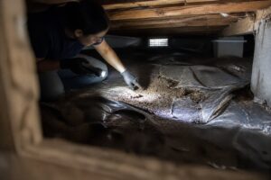 crawlspace with damaged vapor barrier and visible soil moisture during inspection in South Jordan home