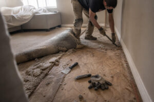 Water-warped and buckled hardwood flooring before removal - South Jordan, UT