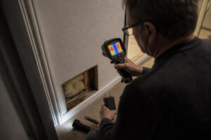 technician using thermal camera to detect hidden water leak behind wall with inspection opening