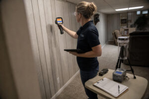 technician performing mold inspection using thermal camera and air sampling equipment in basement