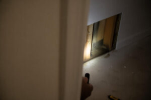 Black mold growth on drywall behind bathroom wall before remediation - South Jordan, UT