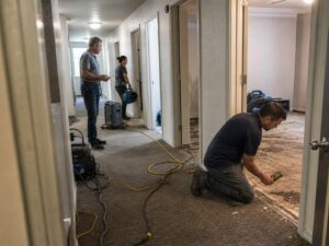 water damage restoration taking place across multiple apartment units with technicians working in hallway