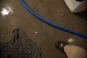 wet floor with debris and partial boot visible during washing machine overflow cleanup