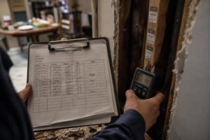 technician recording moisture readings and testing wall framing during water damage restoration process