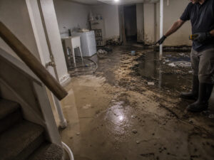 basement showing clean gray and black water damage areas during inspection in Utah home