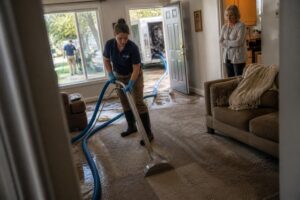 technician extracting water from flooded carpet while homeowner watches during emergency water damage cleanup in South Jordan Utah
