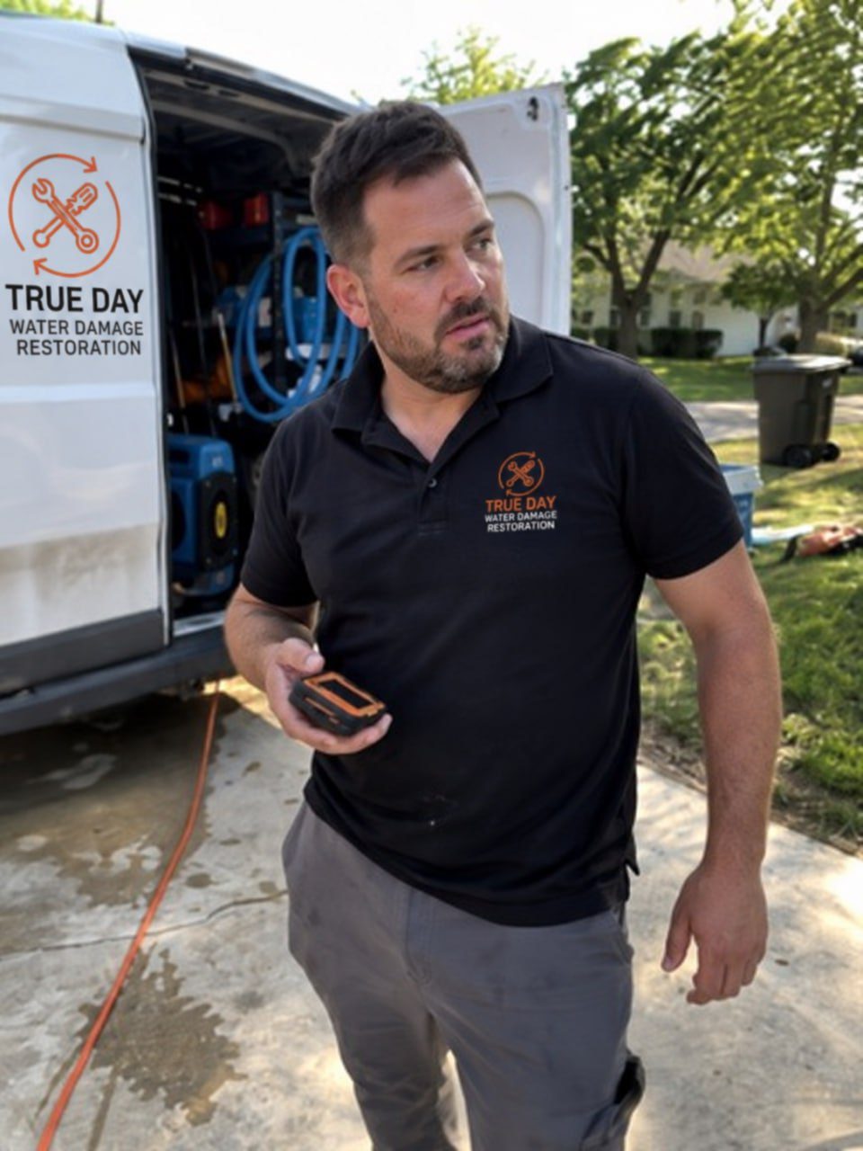 Michael Bass, owner of True Day Water Damage Restoration in South Jordan, Utah, wearing True Day polo and holding a calibrated penetrating moisture meter on an active job site
