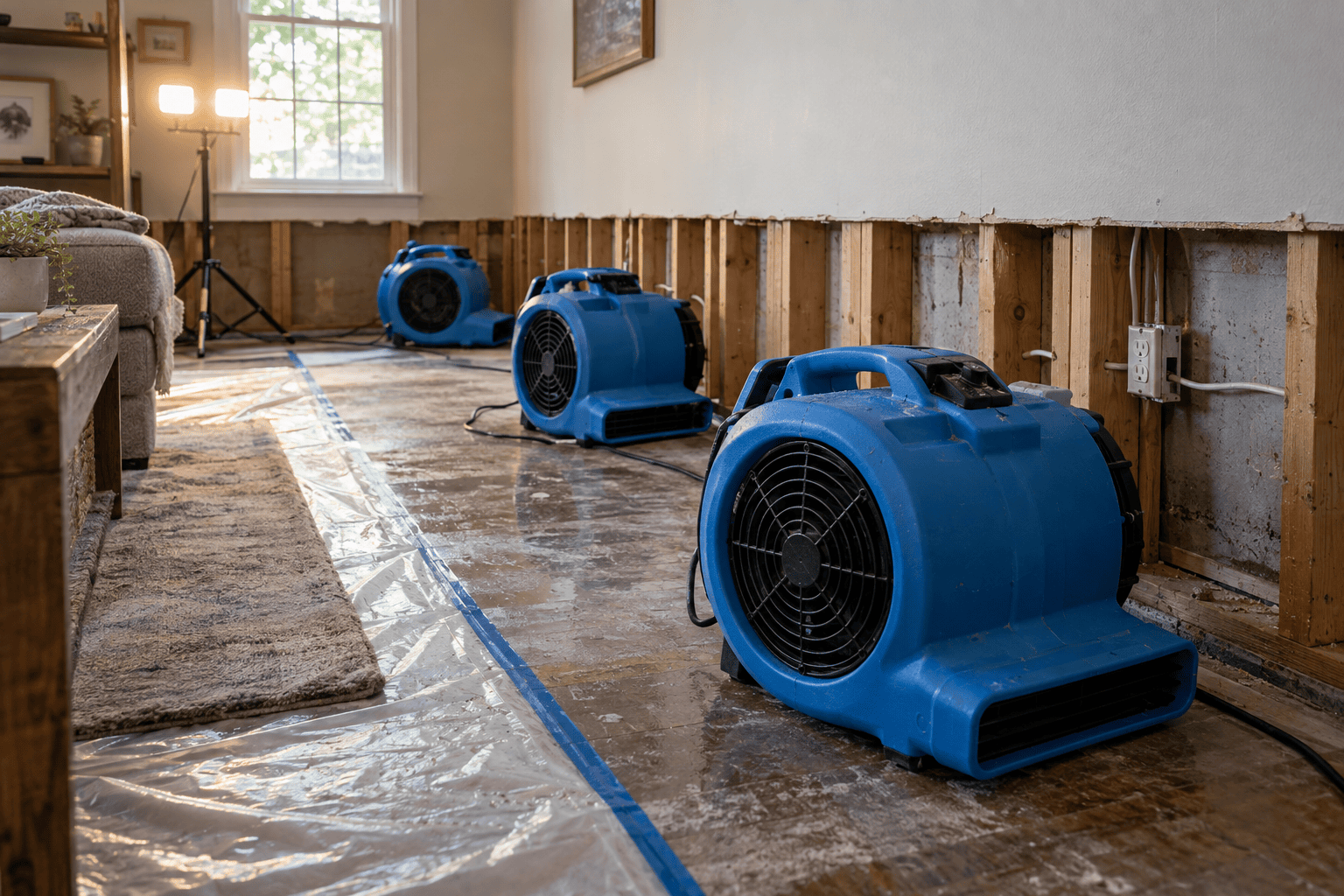 Industrial air movers deployed at 15 to 45 degree angles for water damage drying True Day South Jordan