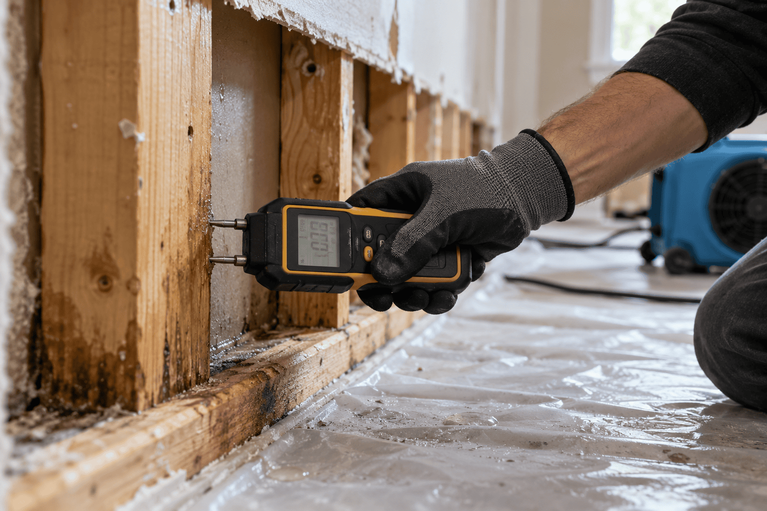 Calibrated penetrating moisture meter reading wood framing during True Day drying project South Jordan