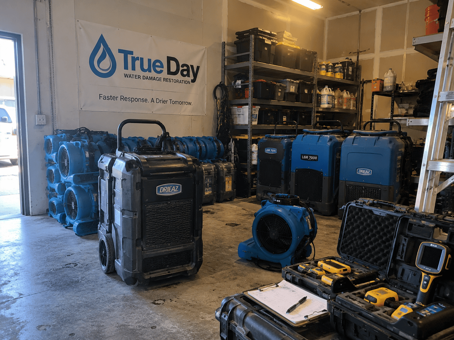 Water damage restoration equipment staged at the True Day office in South Jordan