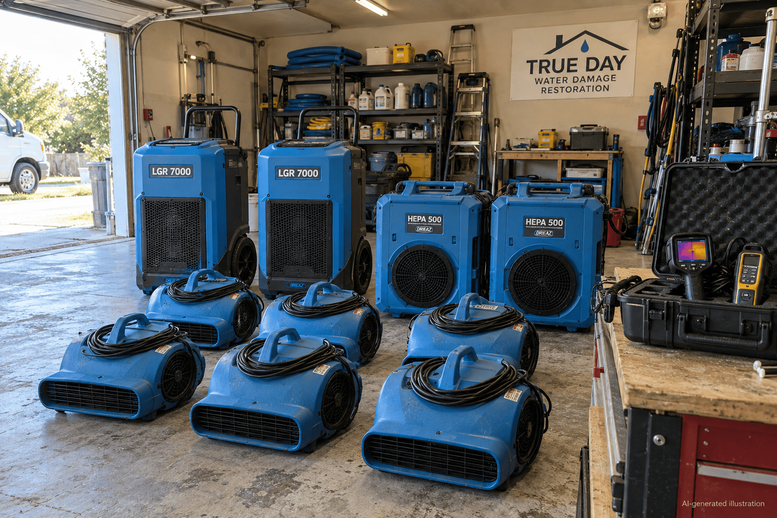 LGR dehumidifiers, HEPA air scrubbers, and drying equipment staged at True Day's South Jordan office for dispatch to Herriman and the Salt Lake Valley