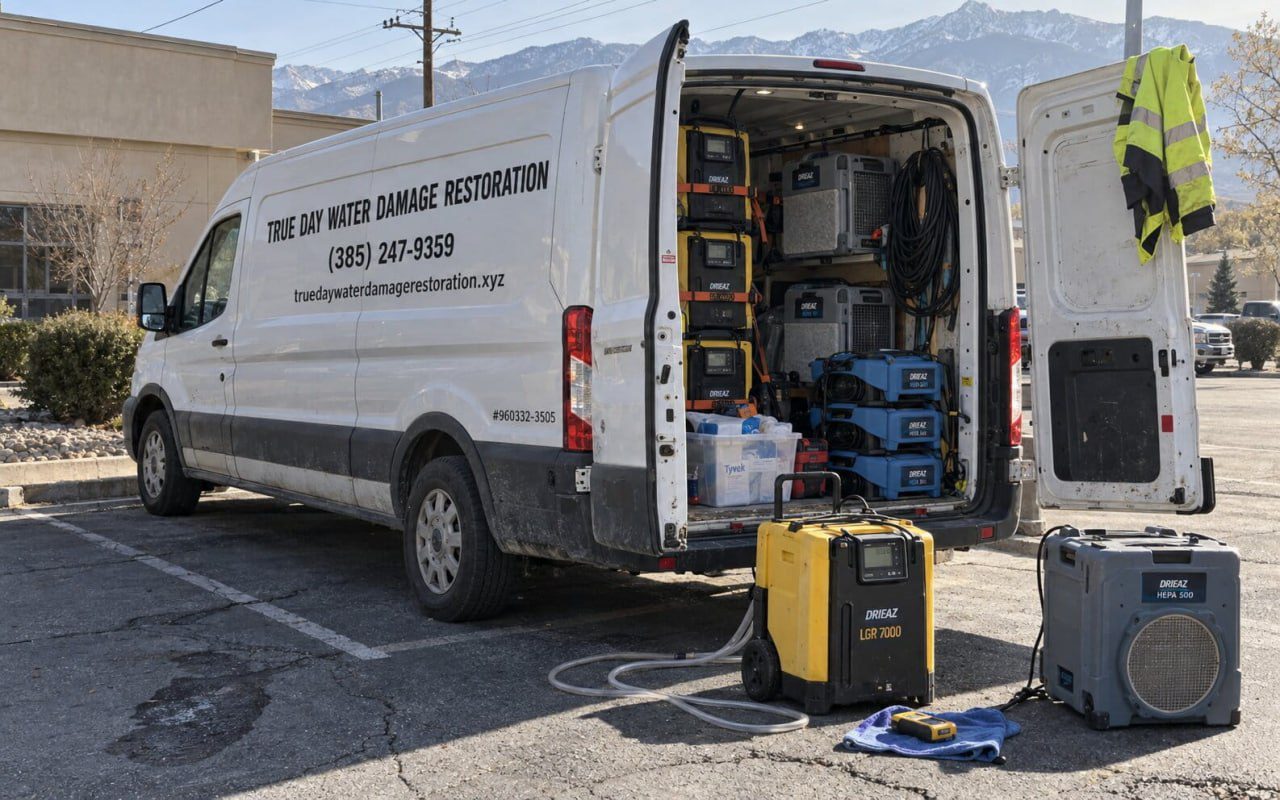 True Day Water Damage Restoration branded service vehicles and fleet equipment in South Jordan, Utah, showing phone number (385) 247-9359 and Utah Contractor License #960332-3505