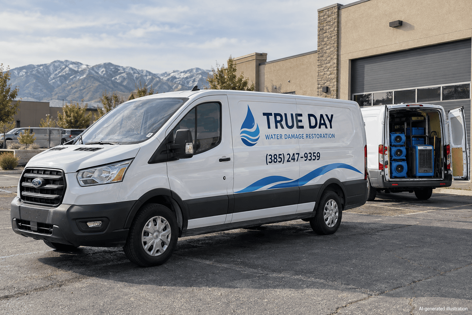 True Day Water Damage Restoration branded service vehicles with Utah Contractor License #960332-3505 — the fleet dispatched to Herriman emergencies