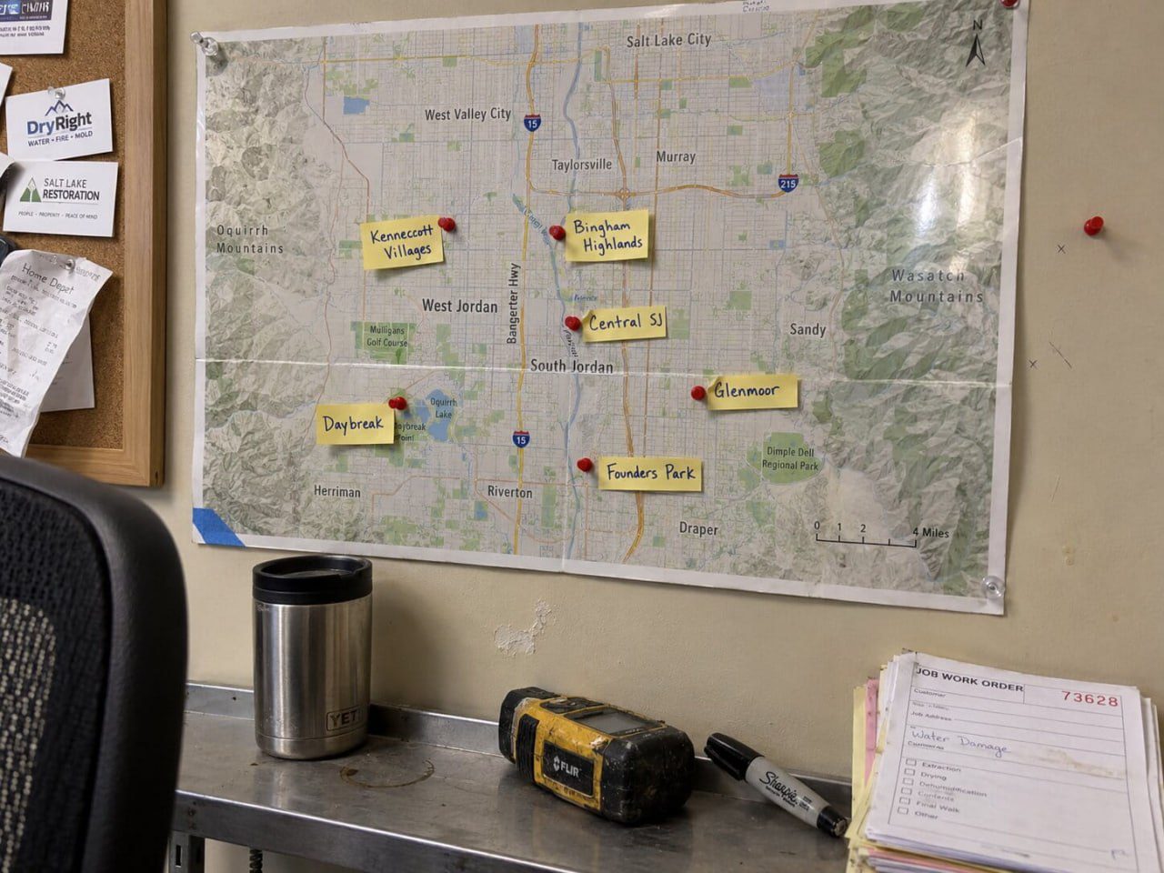 Map of True Day Water Damage Restoration completed jobs across South Jordan neighborhoods including Daybreak, Glenmoor, Bingham Highlands, Founders Park, Kennecott Villages, and Central South Jordan