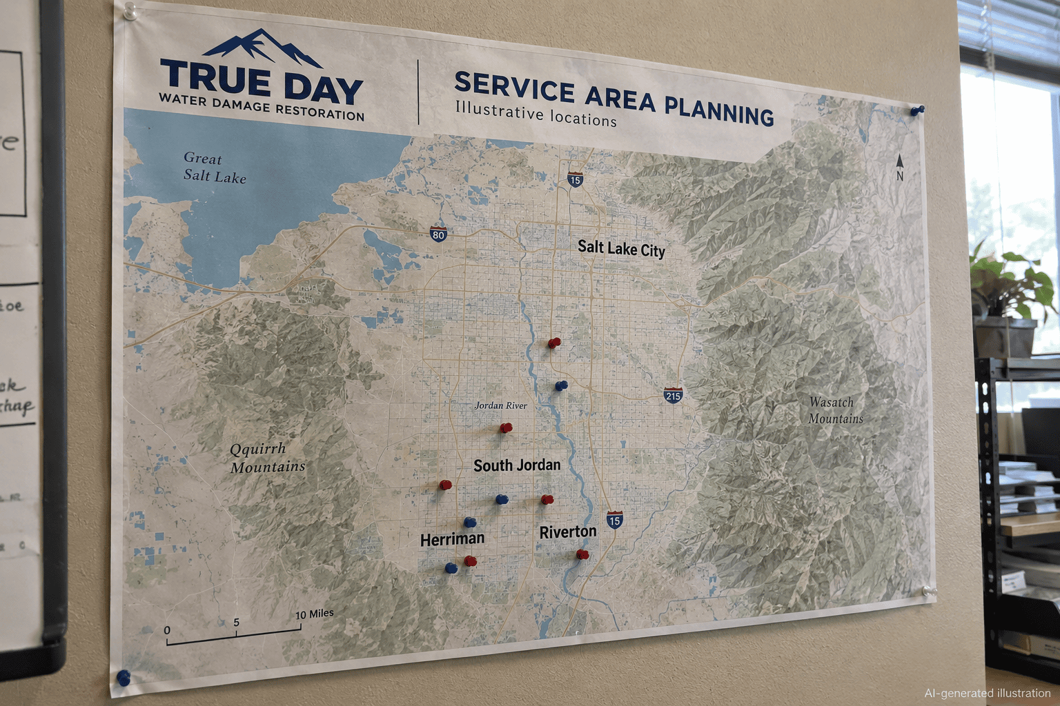 Map of True Day Water Damage Restoration completed jobs across the Salt Lake Valley including Herriman neighborhoods