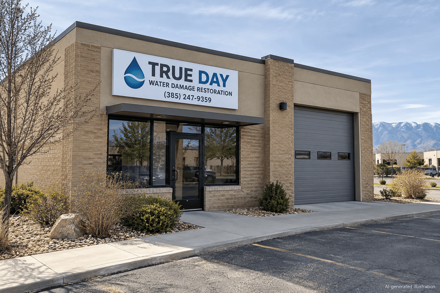 True Day Water Damage Restoration office exterior at 11268 S 2865 W in South Jordan, Utah — the dispatch origin for all Herriman emergency calls