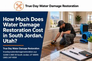 True Day technician measuring moisture on water-damaged drywall in a South Jordan, Utah basement during a restoration cost estimate